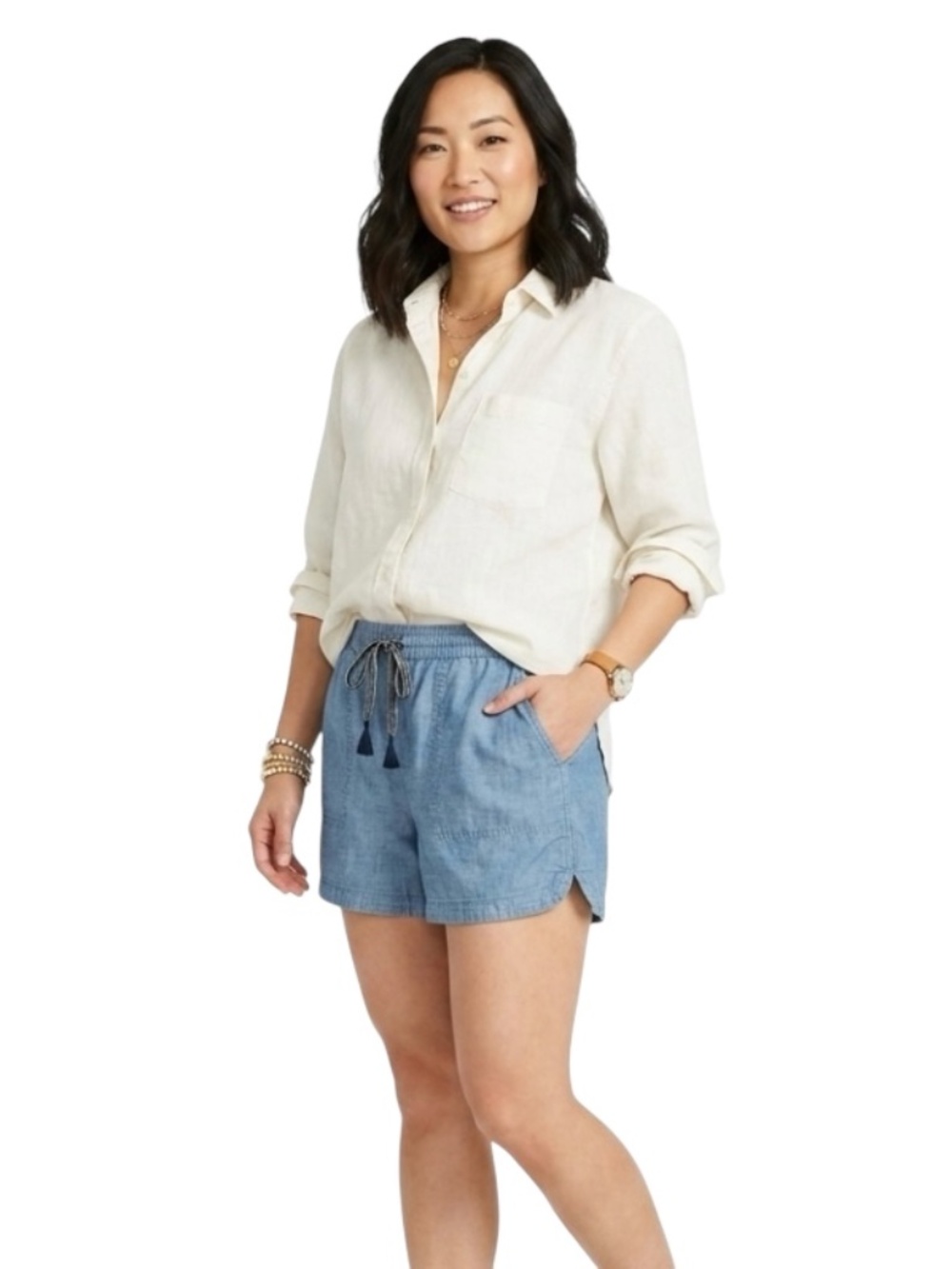 J. Crew Chambray Pull-On Shorts Sz L Blue Drawstring Coastal Comfort Casual Chic